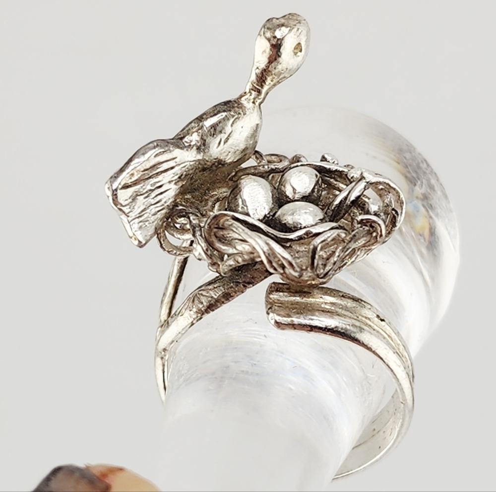 BIRD NEST EGGS 3D RING HANDMADE IN RECYCLED STERLING SILVER ADJUSTABLE RING SIZE